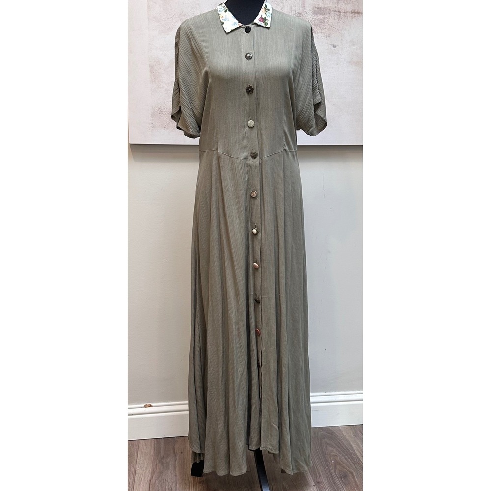 Zoe California Crinkle Rayon Maxi Dress Novelty Buttons Grannycore Granola VTG